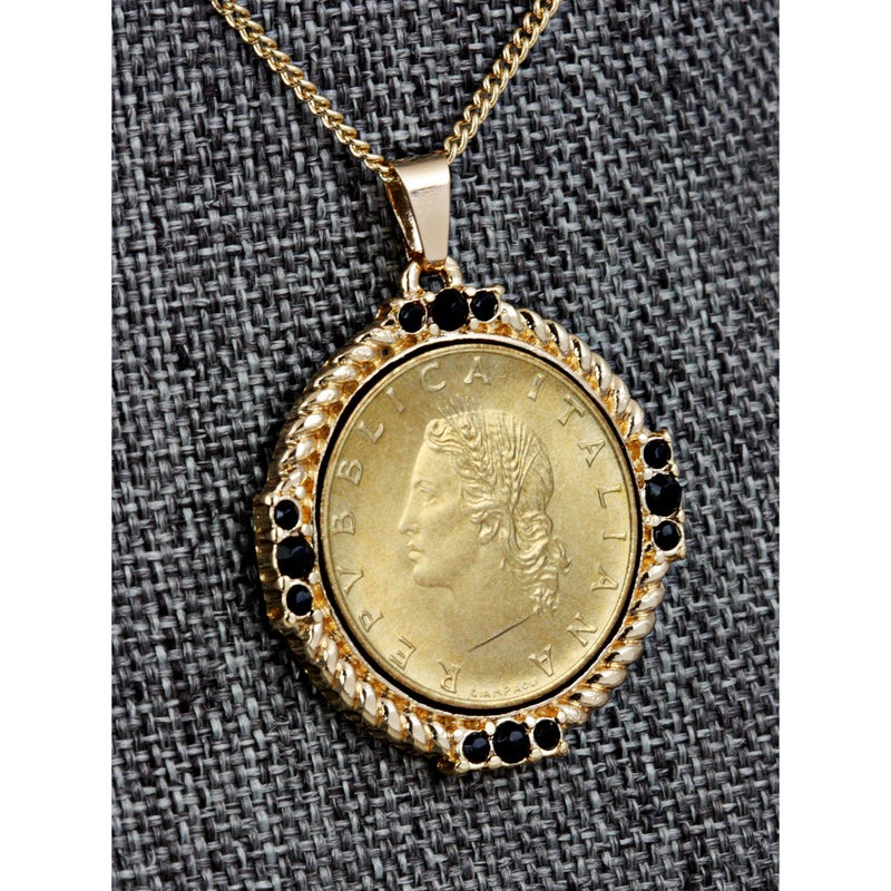 American Coin Treasures Italian 20 Lira Coin Pendant Necklace - Lire Goldtone Pendant with Faceted Round Jet Glass Stones| Italy Medallion Pendant - Image 2